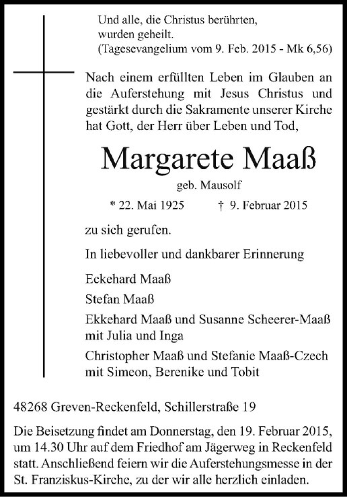  Traueranzeige für Margarete Maaß vom 14.02.2015 aus Westfälische Nachrichten
