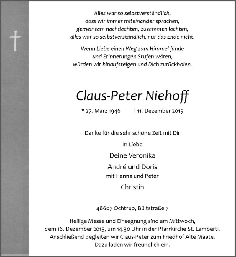 Traueranzeige für Claus-Peter Niehoff vom 14.12.2015 aus Westfälische Nachrichten
