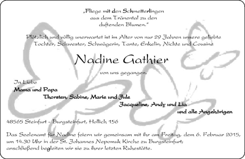  Traueranzeige für Nadine Gathier vom 04.02.2015 aus Westfälische Nachrichten
