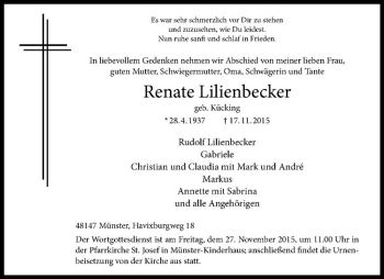 Anzeige von Renate Lilienbecker von Westfälische Nachrichten