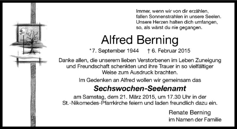  Traueranzeige für Alfred Berning vom 14.03.2015 aus Westfälische Nachrichten