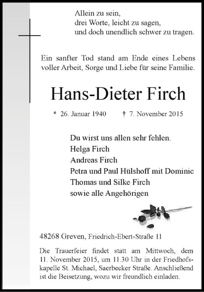  Traueranzeige für Hans-Dieter Firch vom 10.11.2015 aus Westfälische Nachrichten