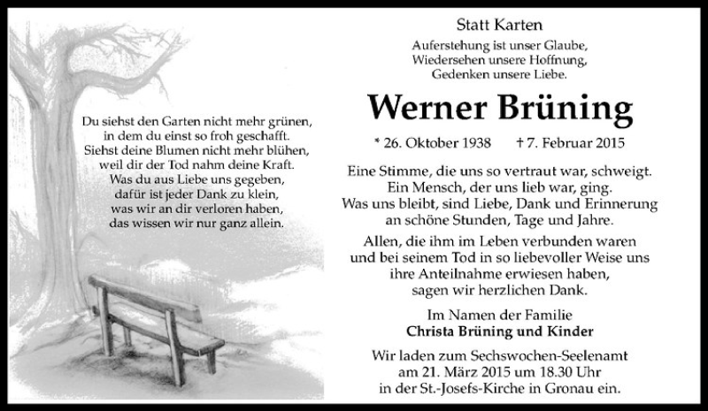  Traueranzeige für Werner Brüning vom 19.03.2015 aus Westfälische Nachrichten