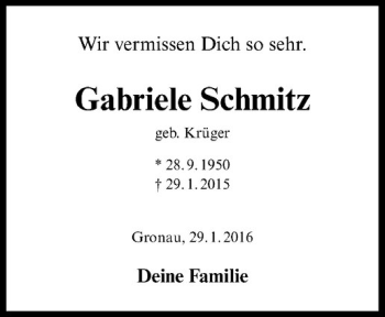 Anzeige von Gabriele Schmitz von Westfälische Nachrichten