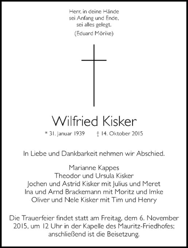 Traueranzeige für Wilfried Kisker vom 30.10.2015 aus Westfälische Nachrichten