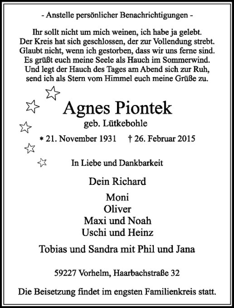  Traueranzeige für Agnes Piontek vom 28.02.2015 aus Westfälische Nachrichten