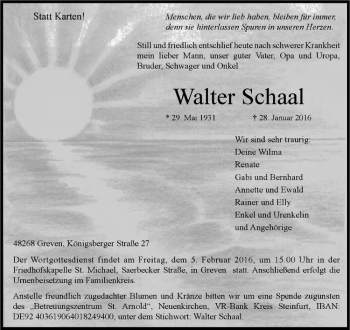 Anzeige von Walter Schaal von Westfälische Nachrichten