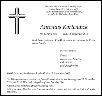 Anzeige von Antonius Kortendick von Westfälische Nachrichten