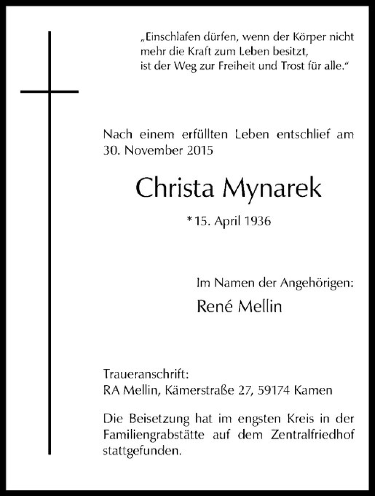 Traueranzeige für Christa Mynarek vom 19.12.2015 aus Westfälische Nachrichten