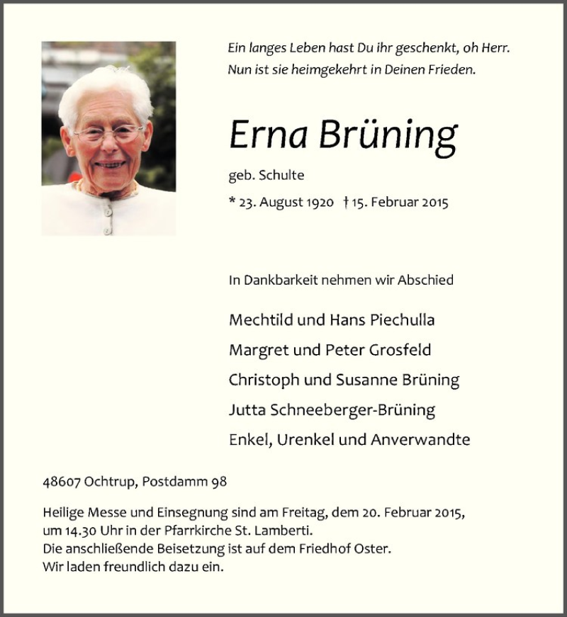  Traueranzeige für Erna Brüning vom 18.02.2015 aus Westfälische Nachrichten
