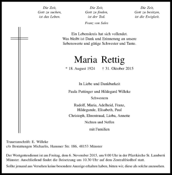 Anzeige von Maria Rettig von Westfälische Nachrichten