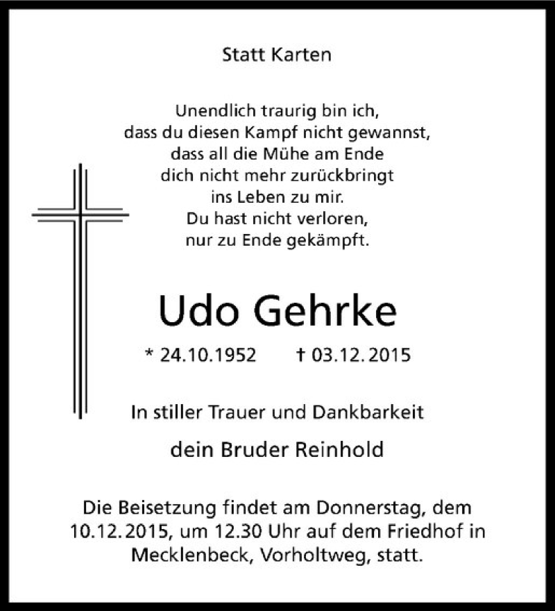  Traueranzeige für Udo Gehrke vom 09.12.2015 aus Westfälische Nachrichten