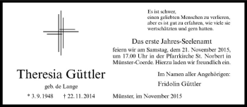 Anzeige von Theresia Güttler von Westfälische Nachrichten