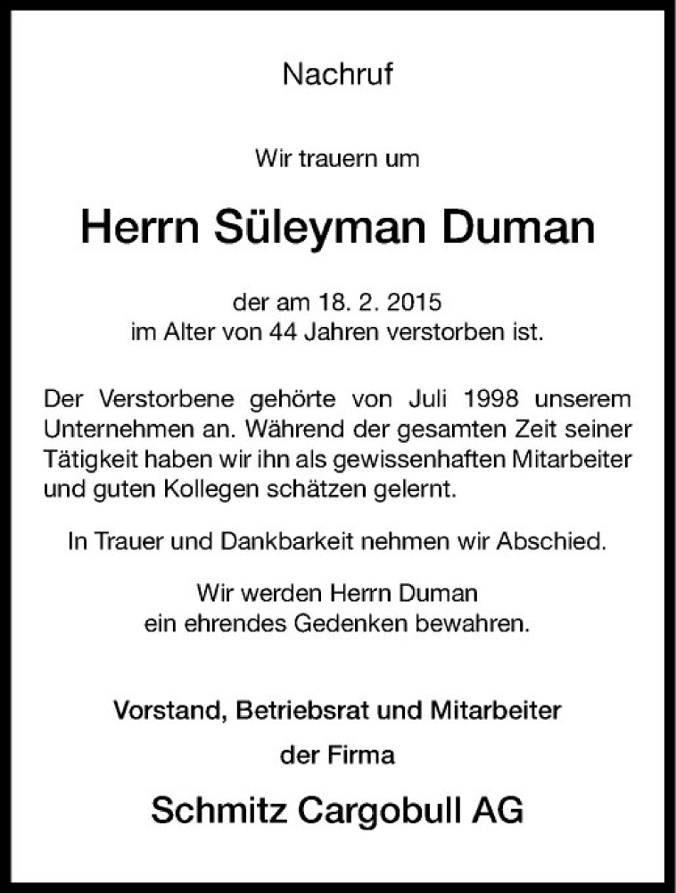 Traueranzeige für Süleyman Duman vom 27.02.2015 aus Westfälische Nachrichten