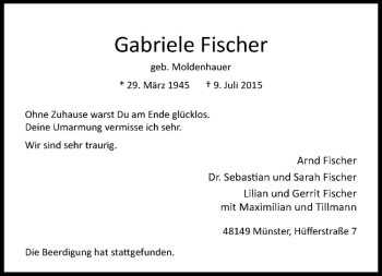 Anzeige von Gabriele Fischer von Westfälische Nachrichten