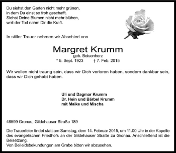 Anzeige von Margret Krumm von Westfälische Nachrichten