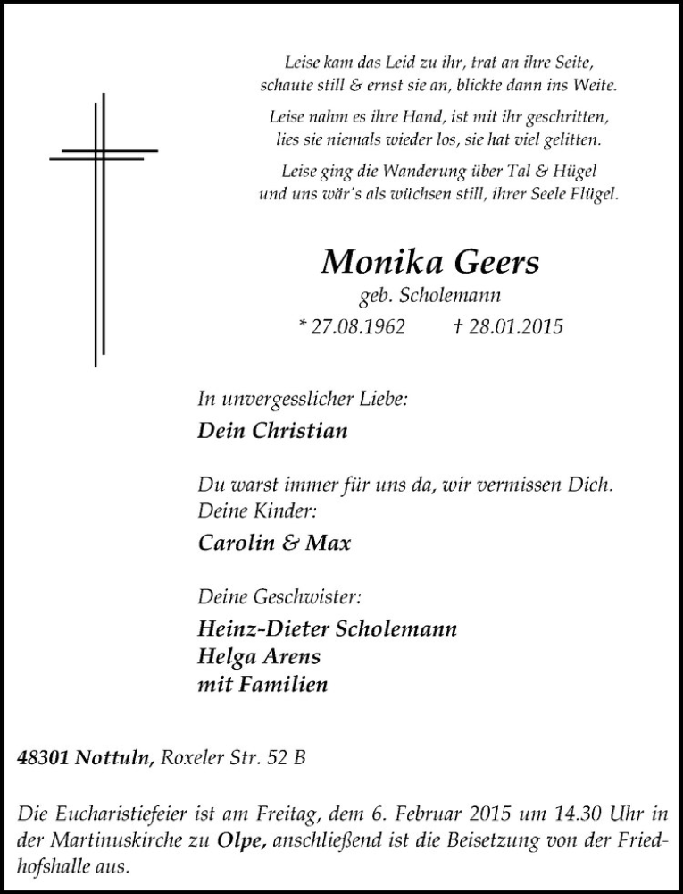  Traueranzeige für Monika Geers vom 03.02.2015 aus Westfälische Nachrichten