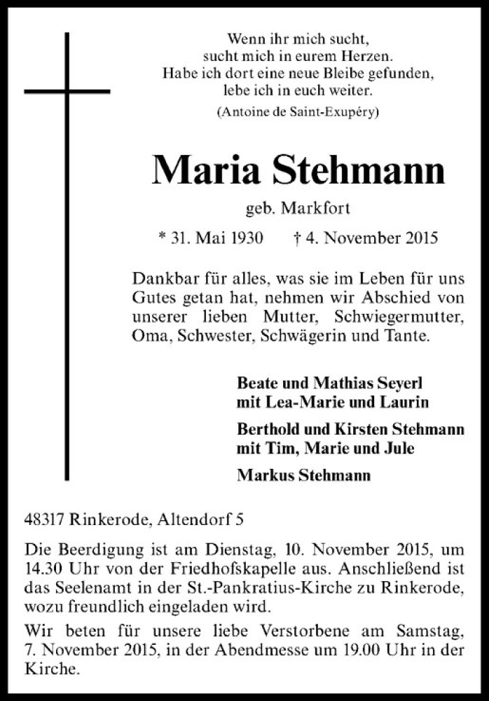 Traueranzeige für Maria Stehmann vom 07.11.2015 aus Westfälische Nachrichten