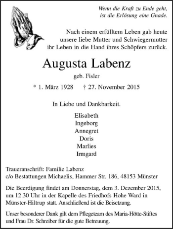 Anzeige von Augusta Labenz von Westfälische Nachrichten