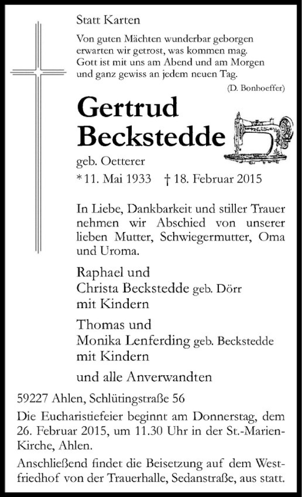  Traueranzeige für Gertrud Beckstedde vom 21.02.2015 aus Westfälische Nachrichten