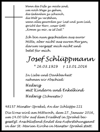 Anzeige von Josef Schlüpmann von Westfälische Nachrichten