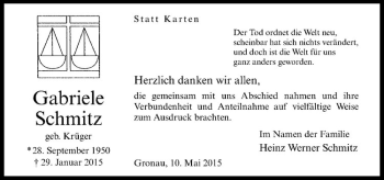 Anzeige von Gabriele Schmitz von Westfälische Nachrichten