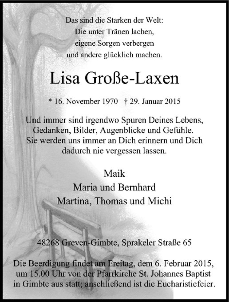  Traueranzeige für Lisa Große-Laxen vom 04.02.2015 aus Westfälische Nachrichten