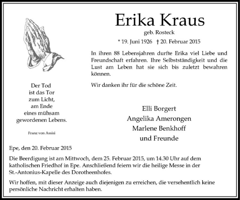  Traueranzeige für Erika Kraus vom 23.02.2015 aus Westfälische Nachrichten