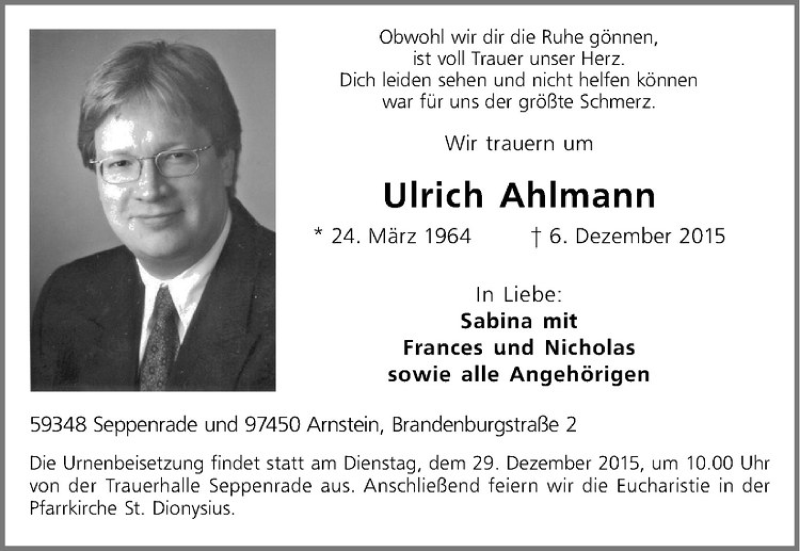  Traueranzeige für Ulrich Ahlmann vom 16.12.2015 aus Westfälische Nachrichten