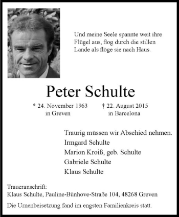 Anzeige von Peter Schulte von Westfälische Nachrichten
