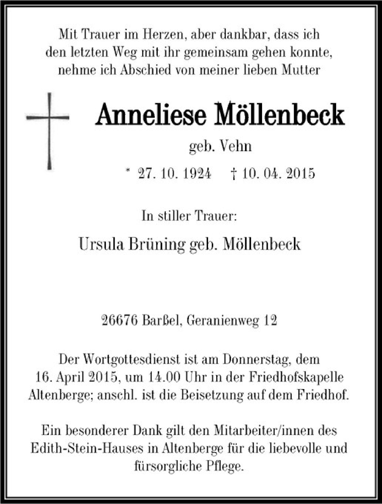  Traueranzeige für Anneliese Möllenbeck vom 14.04.2015 aus Westfälische Nachrichten