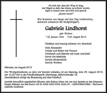 Anzeige von Gabriele Lindhorst von Westfälische Nachrichten