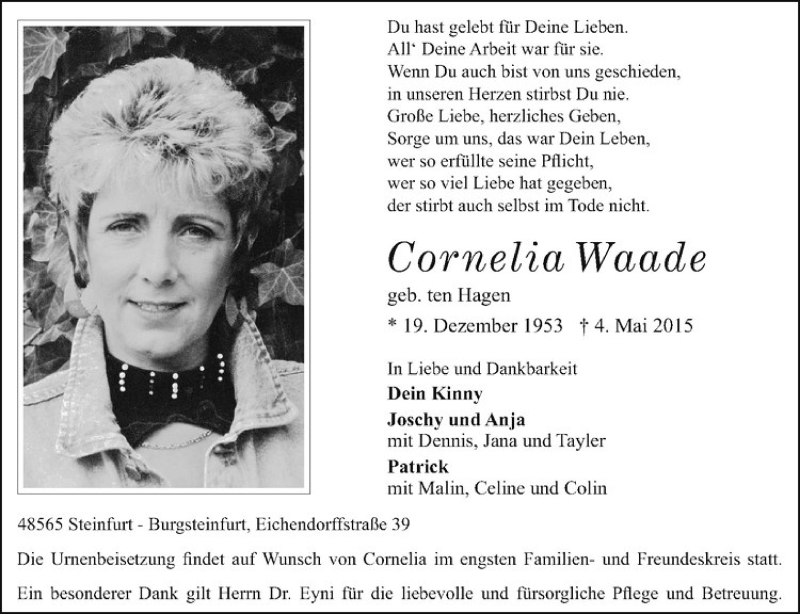  Traueranzeige für Cornelia Waade vom 06.05.2015 aus Westfälische Nachrichten