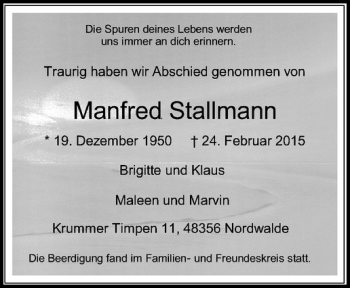 Anzeige von Manfred Stallmann von Westfälische Nachrichten