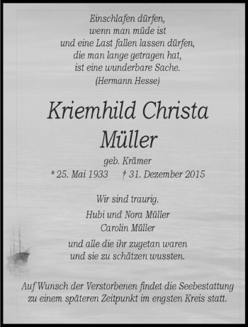 Anzeige von Kriemhild Christa Müller von Westfälische Nachrichten