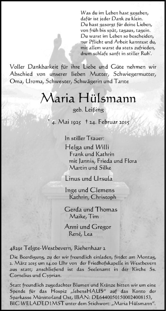  Traueranzeige für Maria Hülsmann vom 27.02.2015 aus Westfälische Nachrichten