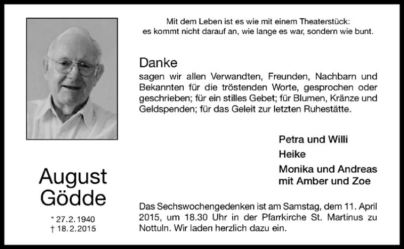  Traueranzeige für August Gödde vom 03.04.2015 aus Westfälische Nachrichten
