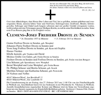 Anzeige von Clemens-Josef Freiherr Droste zu Senden von Westfälische Nachrichten
