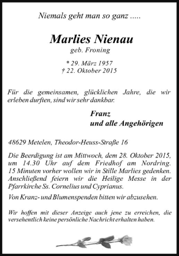 Anzeige von Marlies Nienau von Westfälische Nachrichten