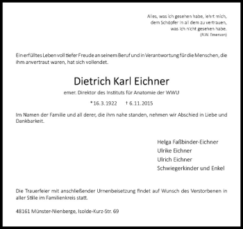 Anzeige von Dietrich Karl Eichner von Westfälische Nachrichten