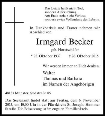 Anzeige von Irmgard Becker von Westfälische Nachrichten