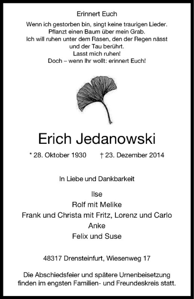  Traueranzeige für Erich Jedanowski vom 31.12.2014 aus Westfälische Nachrichten