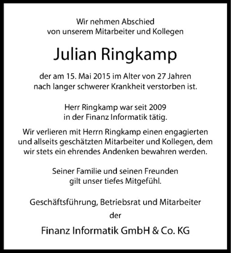  Traueranzeige für Julian Ringkamp vom 20.05.2015 aus Westfälische Nachrichten