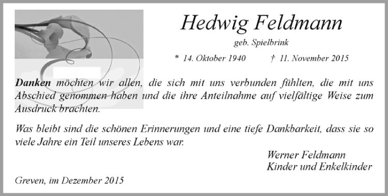  Traueranzeige für Hedwig Feldmann vom 19.12.2015 aus Westfälische Nachrichten