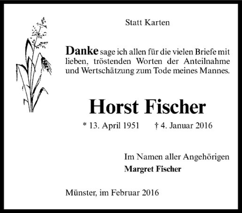  Traueranzeige für Horst Fischer vom 06.02.2016 aus Westfälische Nachrichten