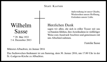 Anzeige von Wilhelm Sasse von Westfälische Nachrichten
