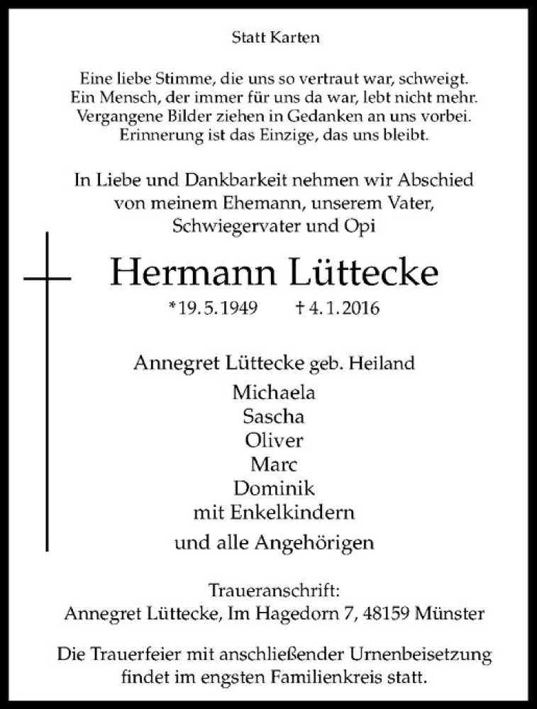  Traueranzeige für Hermann Lüttecke vom 06.01.2016 aus Westfälische Nachrichten