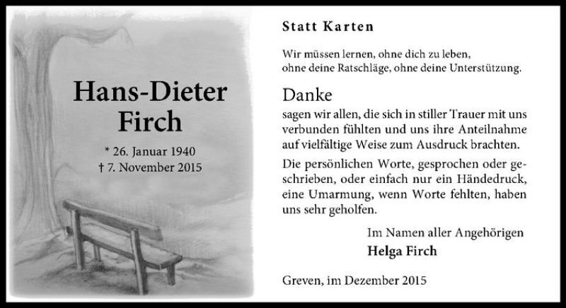  Traueranzeige für Hans-Dieter Firch vom 12.12.2015 aus Westfälische Nachrichten