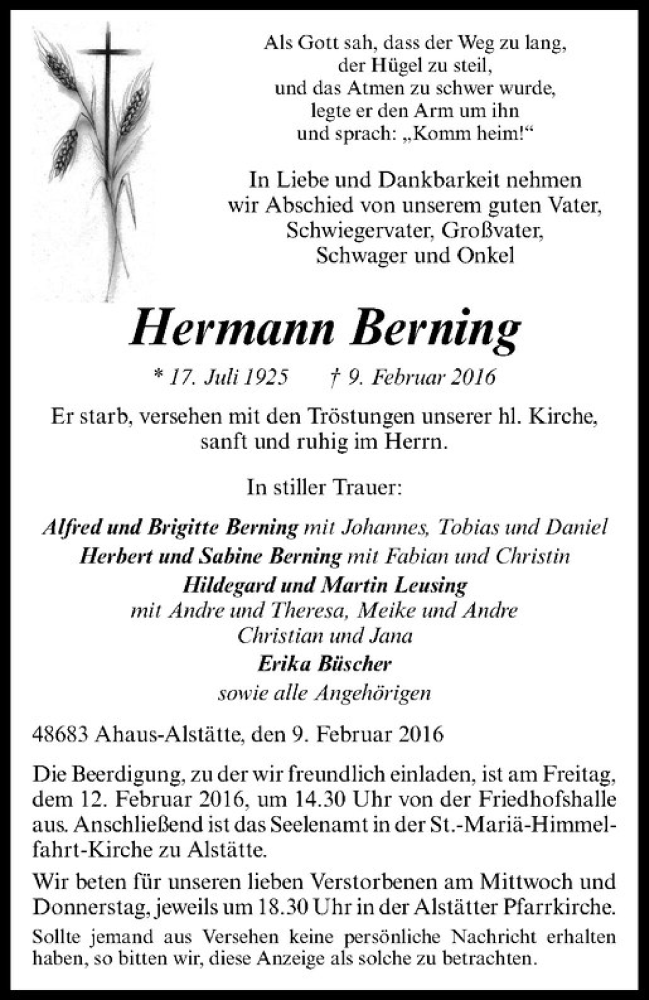  Traueranzeige für Hermann Berning vom 10.02.2016 aus Westfälische Nachrichten
