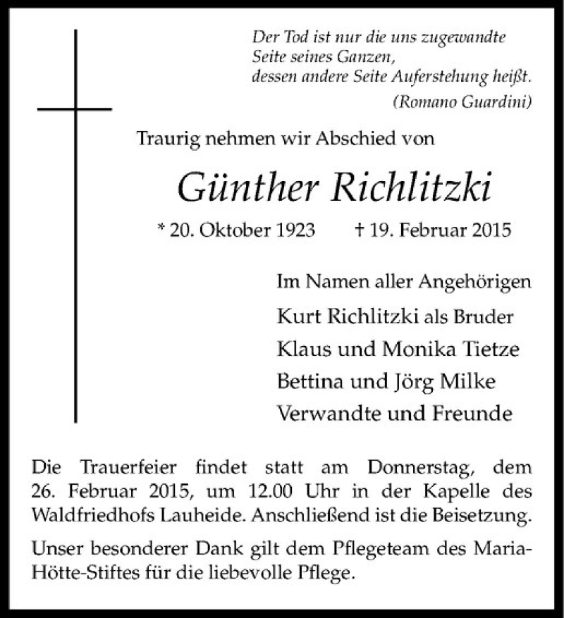 Traueranzeige für Günther Richlitzki vom 24.02.2015 aus Westfälische Nachrichten